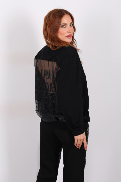 Sırtı Transparan Fermuarlı Siyah Kadın Sweat - Berox