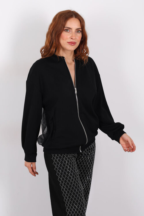 Sırtı Transparan Fermuarlı Siyah Kadın Sweat - 6