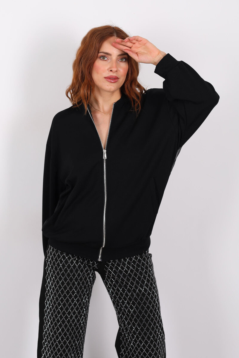Sırtı Transparan Fermuarlı Siyah Kadın Sweat - 2