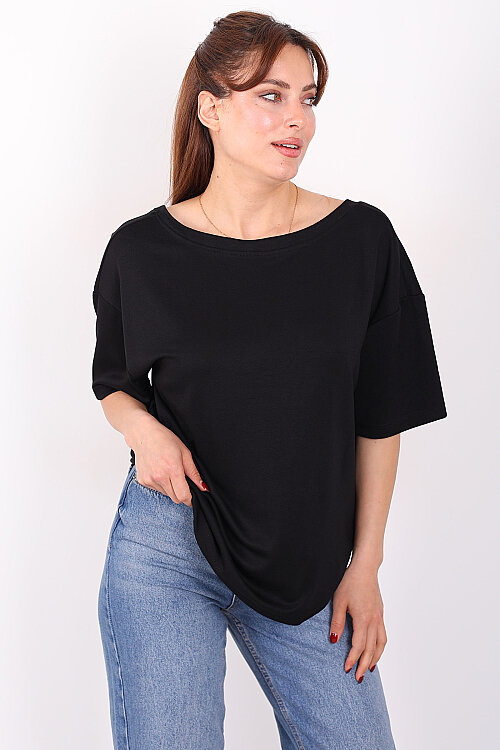 Sırtı V Dantel Detaylı Kadın Siyah Oversize T-Shirt - Berox (1)