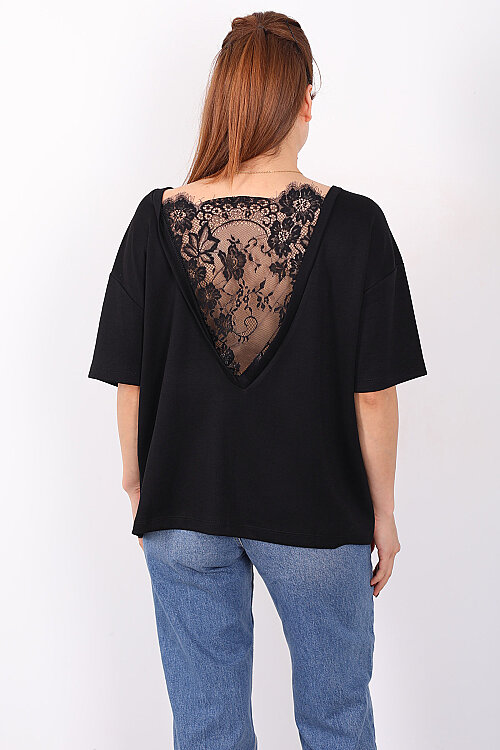 Sırtı V Dantel Detaylı Kadın Siyah Oversize T-Shirt - 3