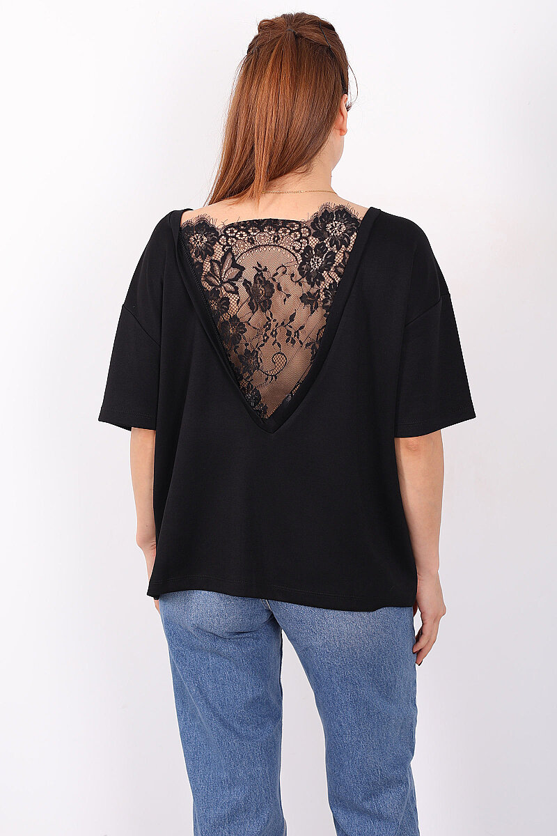 Sırtı V Dantel Detaylı Kadın Siyah Oversize T-Shirt - 3