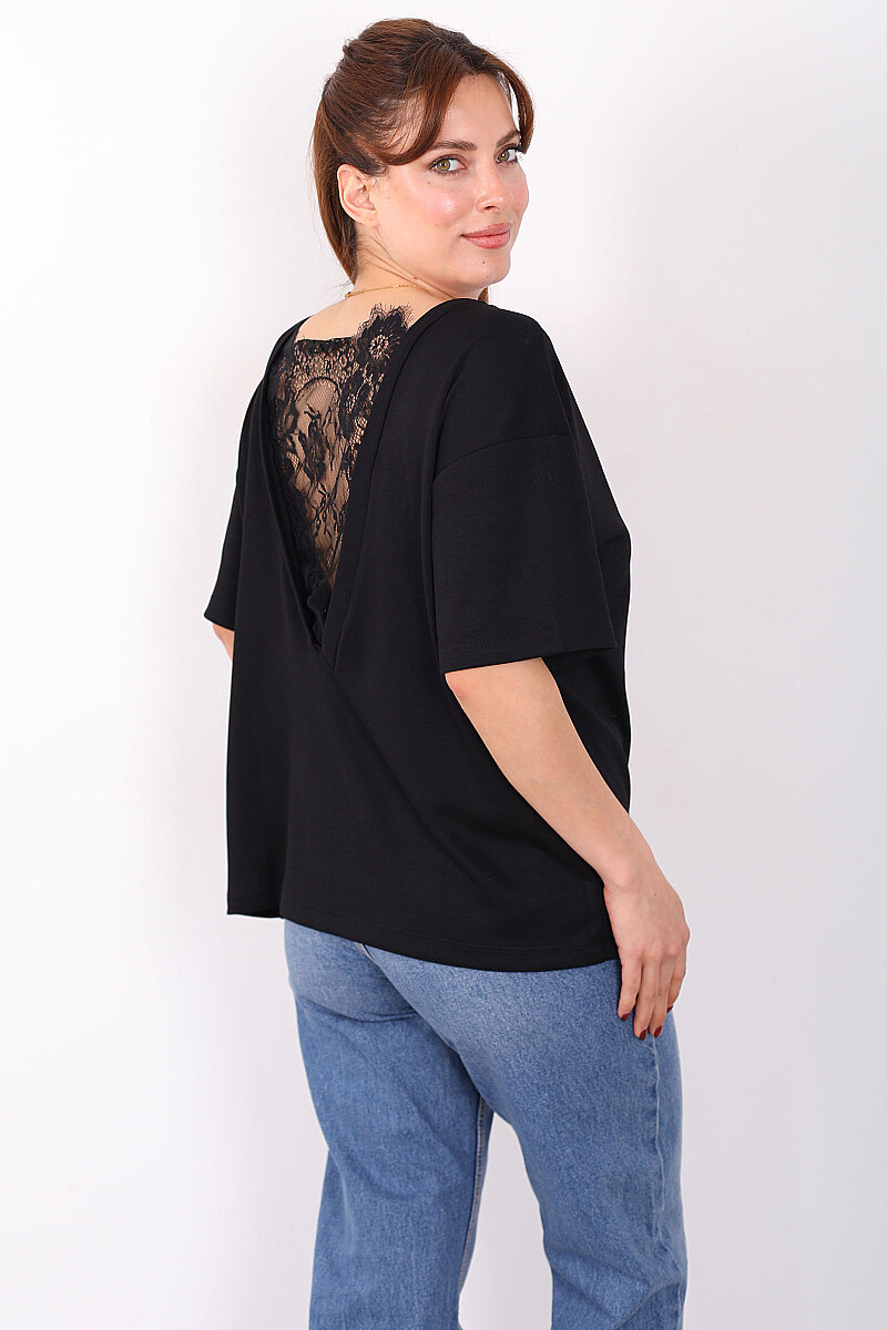 Sırtı V Dantel Detaylı Kadın Siyah Oversize T-Shirt - 1