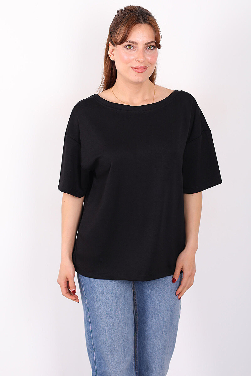 Sırtı V Dantel Detaylı Kadın Siyah Oversize T-Shirt - 4
