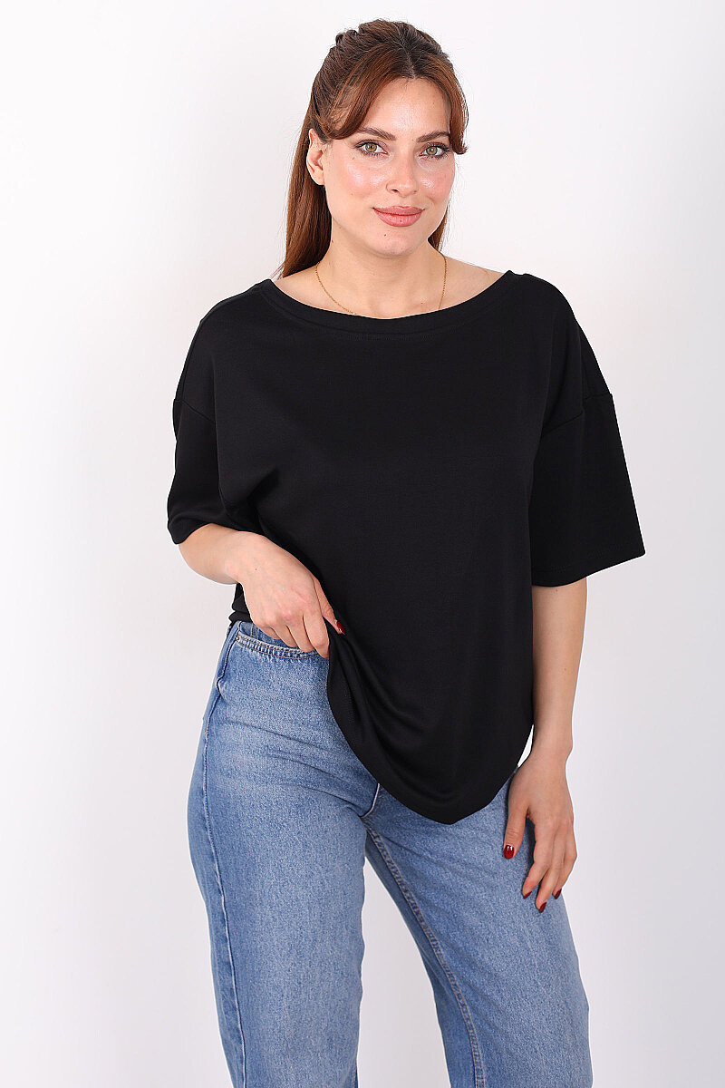 Sırtı V Dantel Detaylı Kadın Siyah Oversize T-Shirt - 5