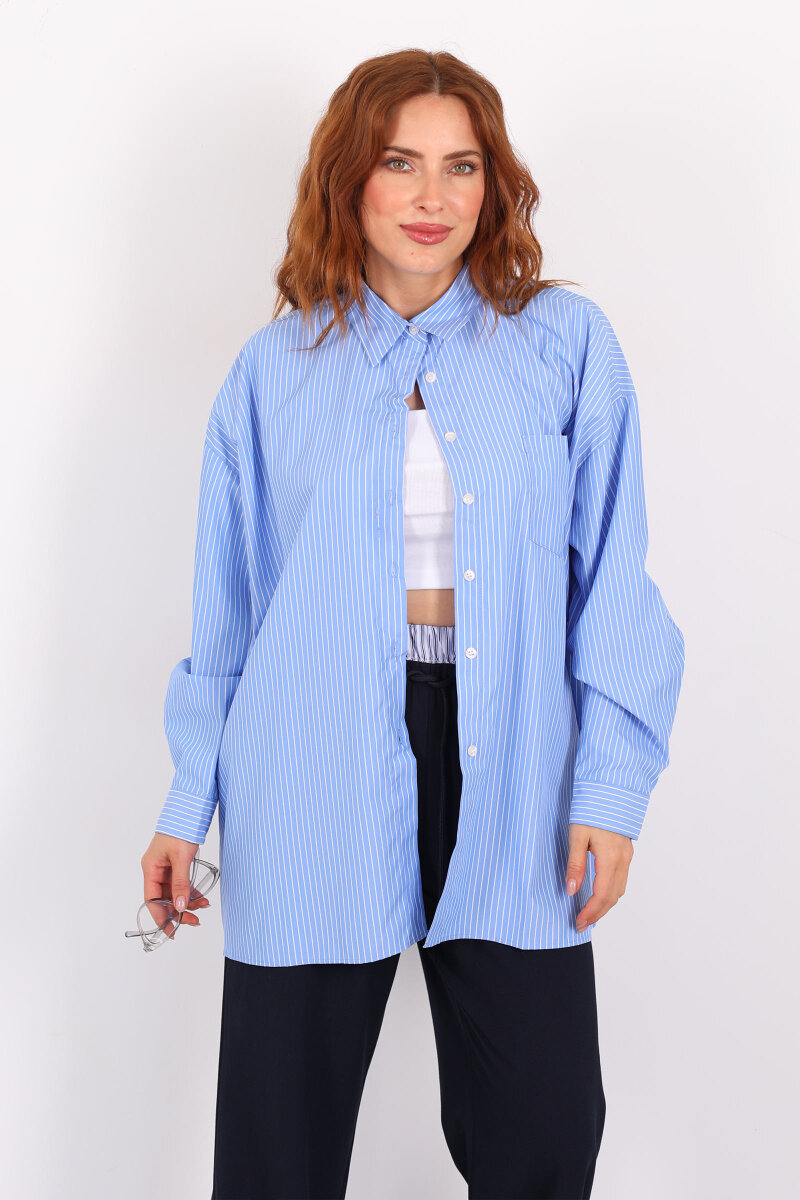 Sırtı Yazı Baskılı Oversize Çizgili Mavi Kadın Gömlek - 2