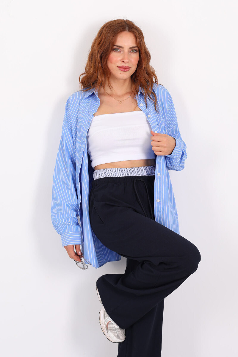 Sırtı Yazı Baskılı Oversize Çizgili Mavi Kadın Gömlek - 3