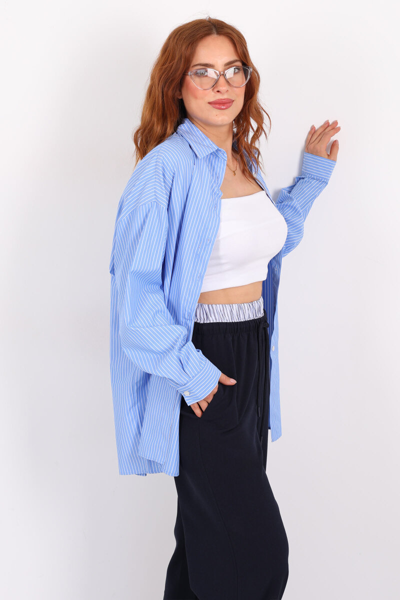 Sırtı Yazı Baskılı Oversize Çizgili Mavi Kadın Gömlek - 6
