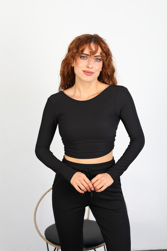 Sırtı Zincir Detaylı Kadın Siyah Fitilli Crop - 3