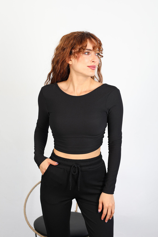Sırtı Zincir Detaylı Kadın Siyah Fitilli Crop - 2