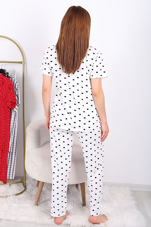 Siyah Benekli Düğmeli Beyaz Kadın Pijama Takımı - 5