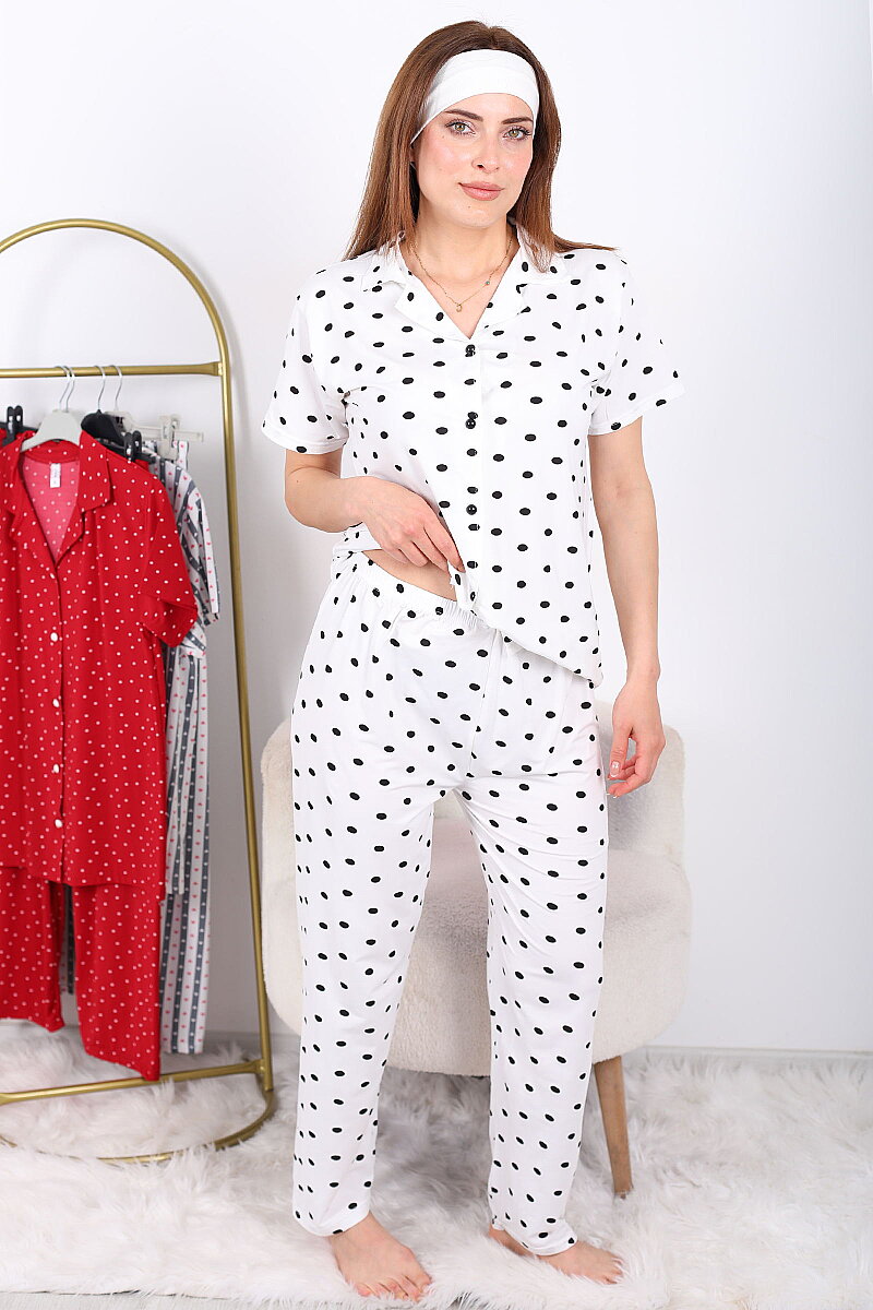 Siyah Benekli Düğmeli Beyaz Kadın Pijama Takımı - 4