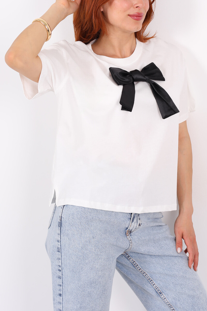 Siyah Kurdeleli Bisiklet Yaka Oversize Ekru Kadın T-Shirt - 2