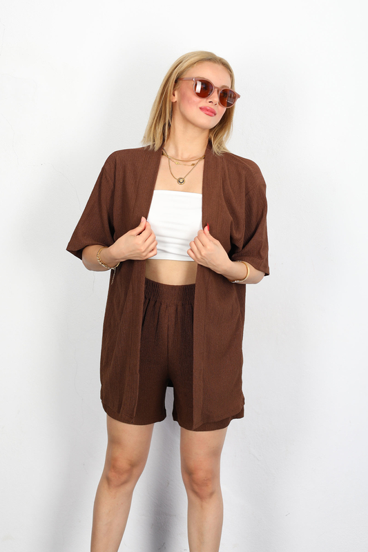 Şortlu Krep Kahverengi Kadın Kimono Takım - 5