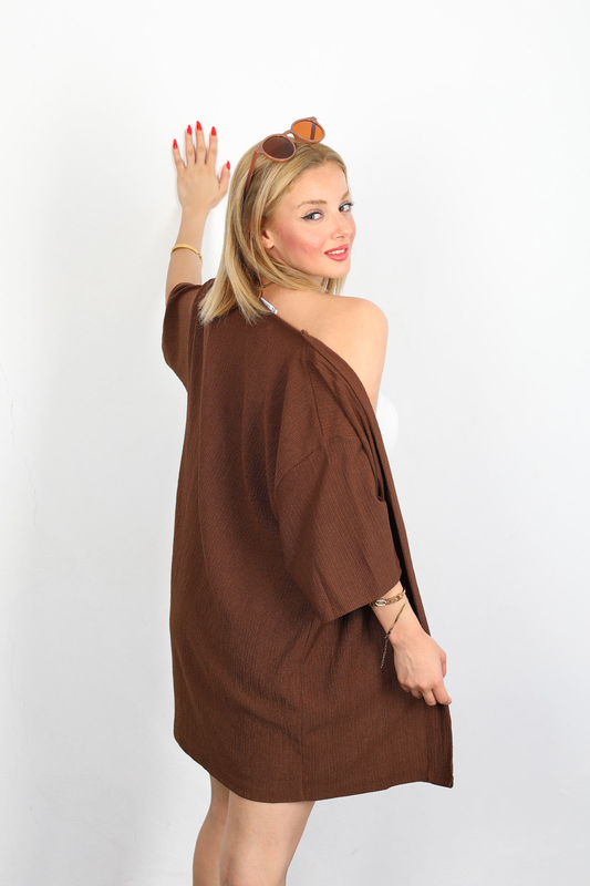 Şortlu Krep Kahverengi Kadın Kimono Takım - 6