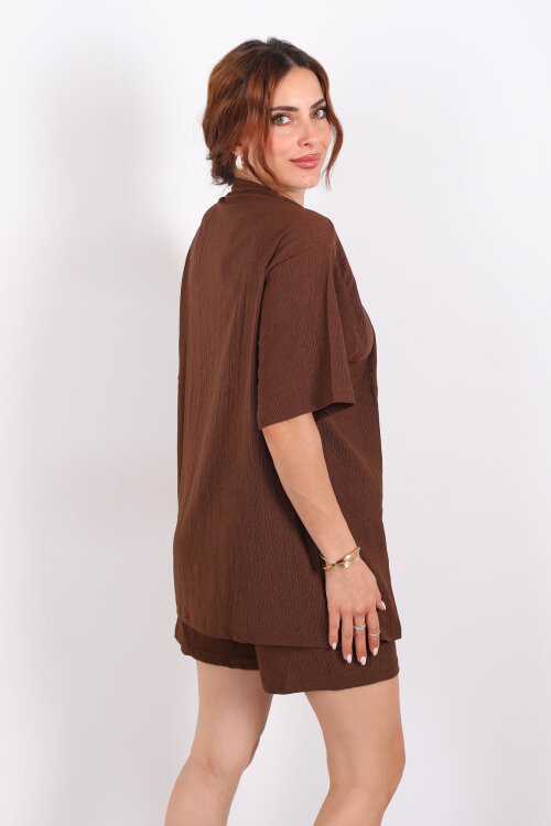 Şortlu Krep Kahverengi Kadın Kimono Takım - 5