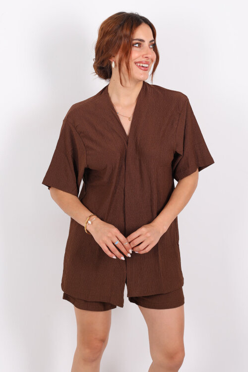 Şortlu Krep Kahverengi Kadın Kimono Takım - 4