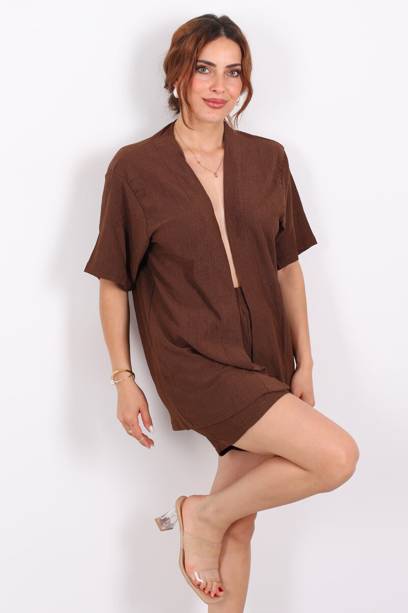 Şortlu Krep Kahverengi Kadın Kimono Takım - 1