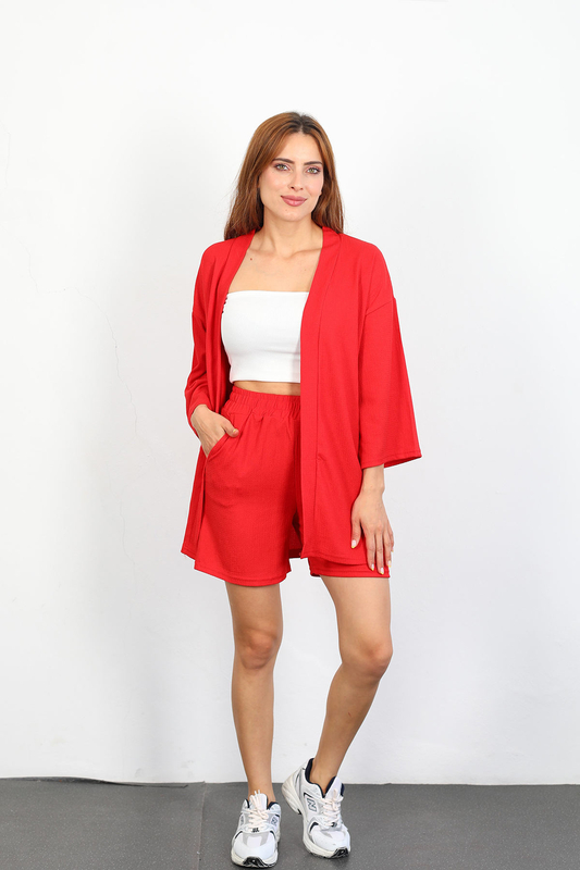 Şortlu Krep Kırmızı Kadın Kimono Takım - 2