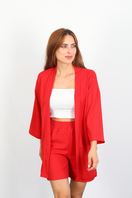 Şortlu Krep Kırmızı Kadın Kimono Takım - 4