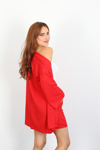 Şortlu Krep Kırmızı Kadın Kimono Takım - 5