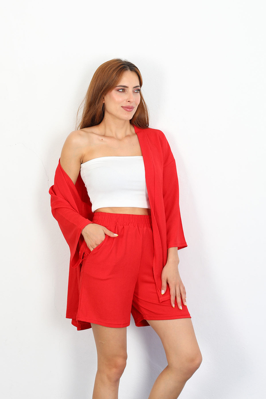 Şortlu Krep Kırmızı Kadın Kimono Takım - 3