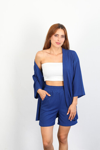 Şortlu Krep Marin Kadın Kimono Takım 
