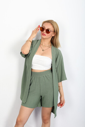 Şortlu Krep Mint Yeşili Kadın Kimono Takım 