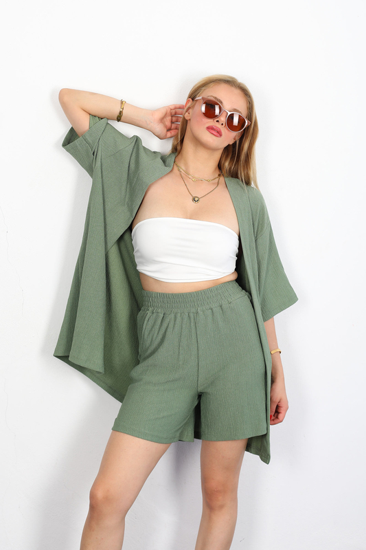 Şortlu Krep Mint Yeşili Kadın Kimono Takım - 3