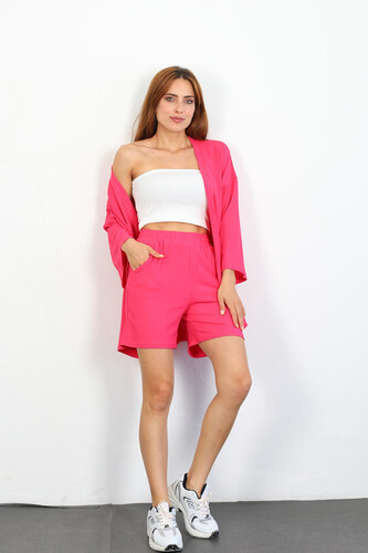 Şortlu Krep Pembe Kadın Kimono Takım - 5