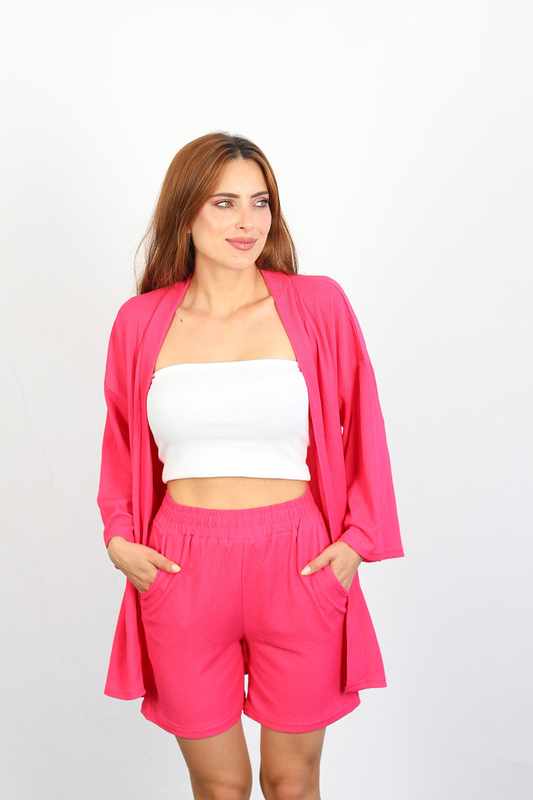 Şortlu Krep Pembe Kadın Kimono Takım - 3