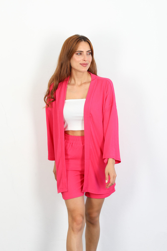 Şortlu Krep Pembe Kadın Kimono Takım - 4