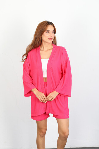 Şortlu Krep Pembe Kadın Kimono Takım - 2