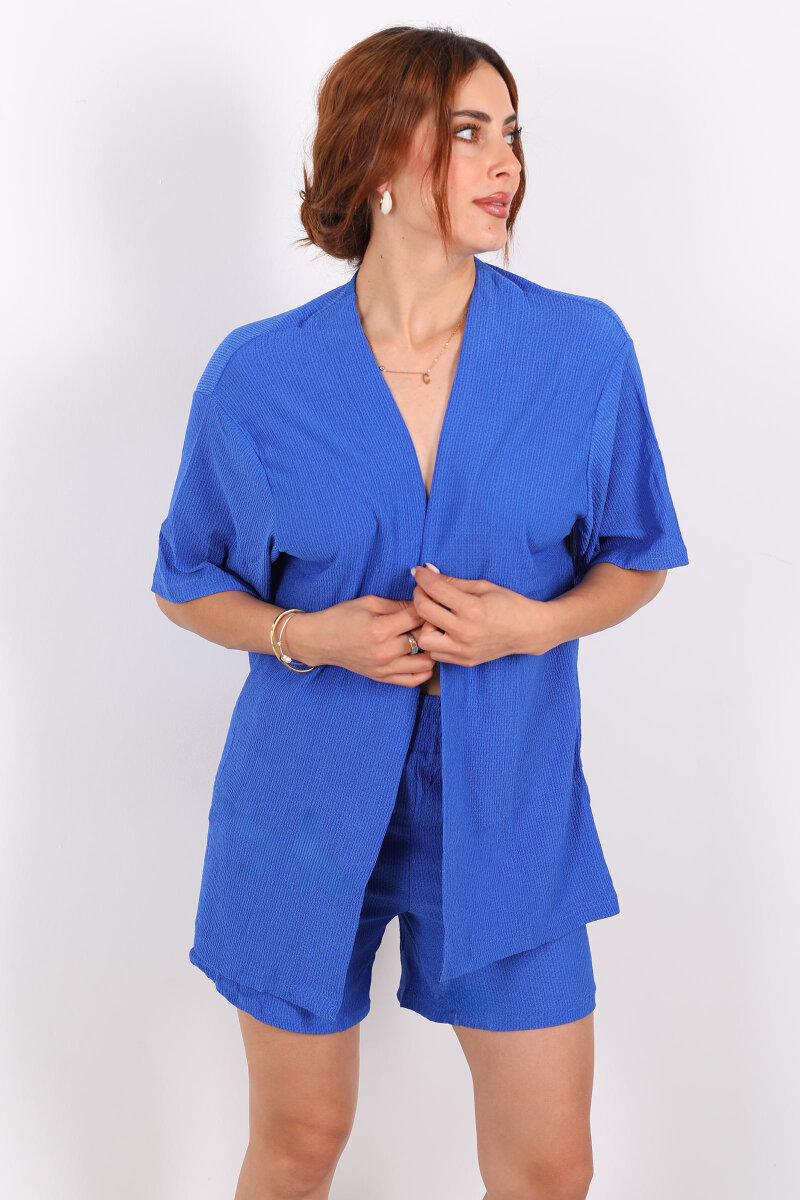 Şortlu Krep Saks Mavisi Kadın Kimono Takım - 4