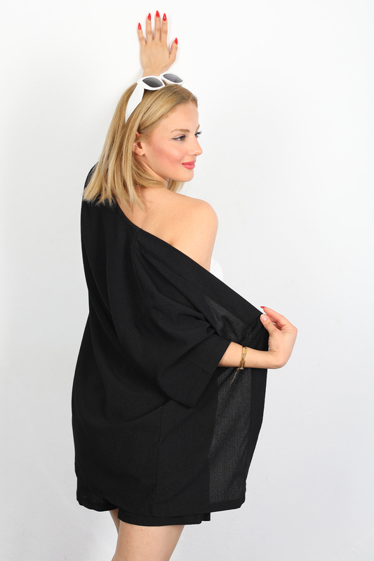 Şortlu Krep Siyah Kadın Kimono Takım - 6