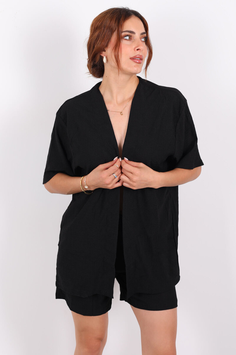 Şortlu Krep Siyah Kadın Kimono Takım - 3