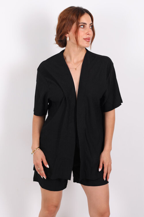 Şortlu Krep Siyah Kadın Kimono Takım - 6