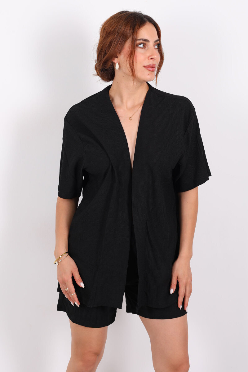 Şortlu Krep Siyah Kadın Kimono Takım - 6