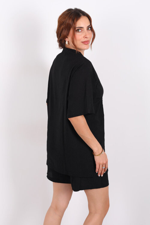 Şortlu Krep Siyah Kadın Kimono Takım - 5