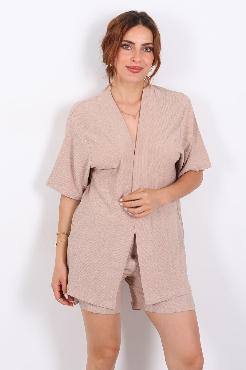 Şortlu Krep Taş Rengi Kadın Kimono Takım - 3