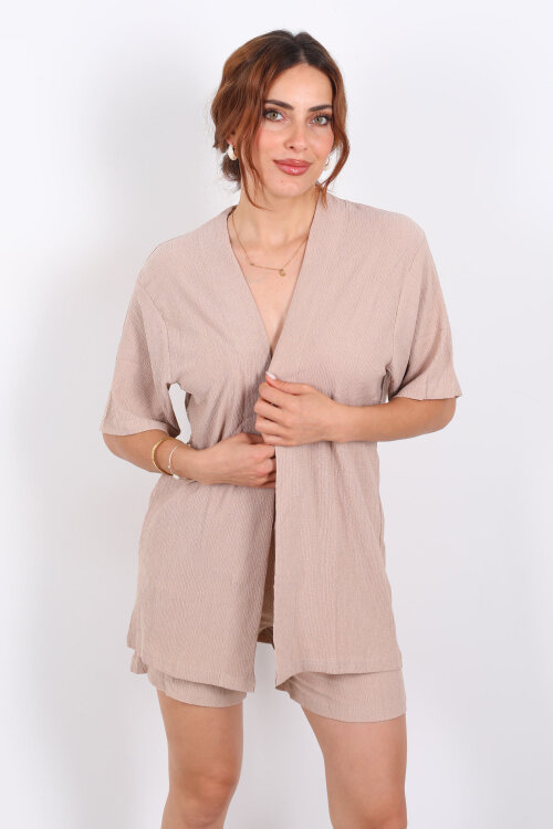 Şortlu Krep Taş Rengi Kadın Kimono Takım - 4
