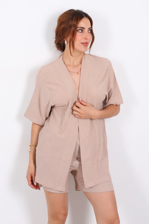 Şortlu Krep Taş Rengi Kadın Kimono Takım - 5