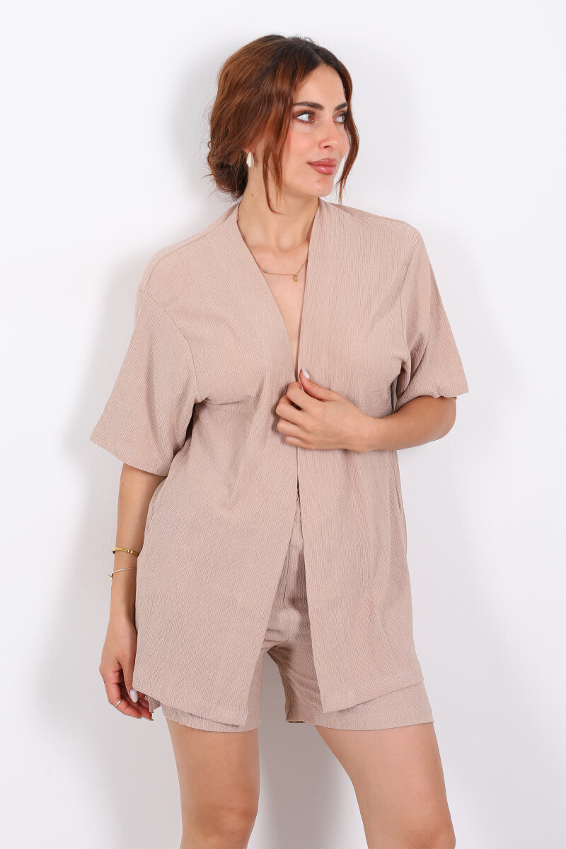 Şortlu Krep Taş Rengi Kadın Kimono Takım - 5