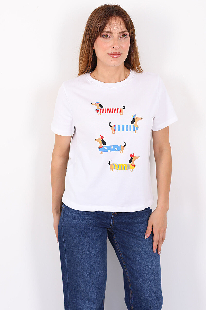 Sosis Köpek Baskılı Beyaz Kadın T-Shirt - 3