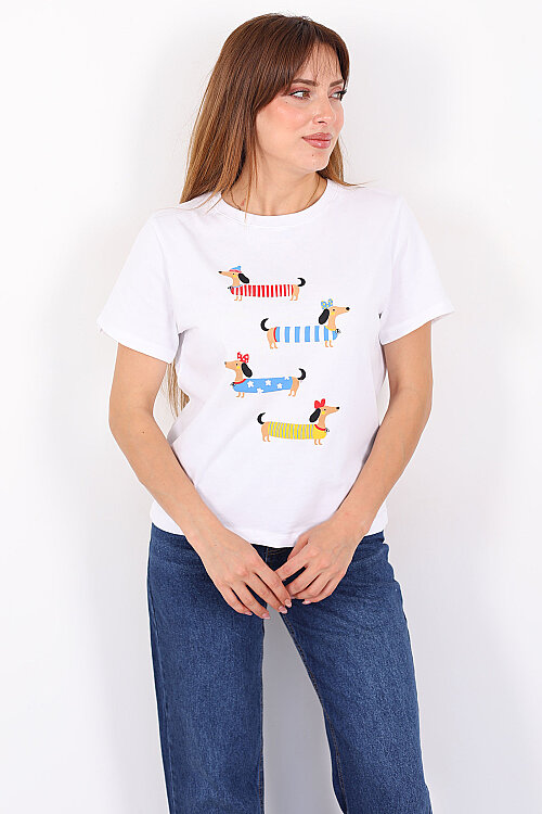 Sosis Köpek Baskılı Beyaz Kadın T-Shirt - Berox