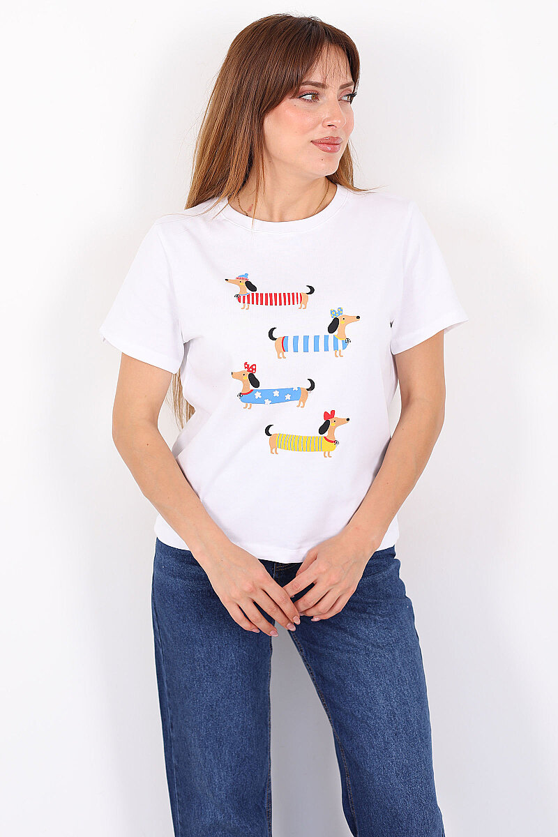 Sosis Köpek Baskılı Beyaz Kadın T-Shirt - 1