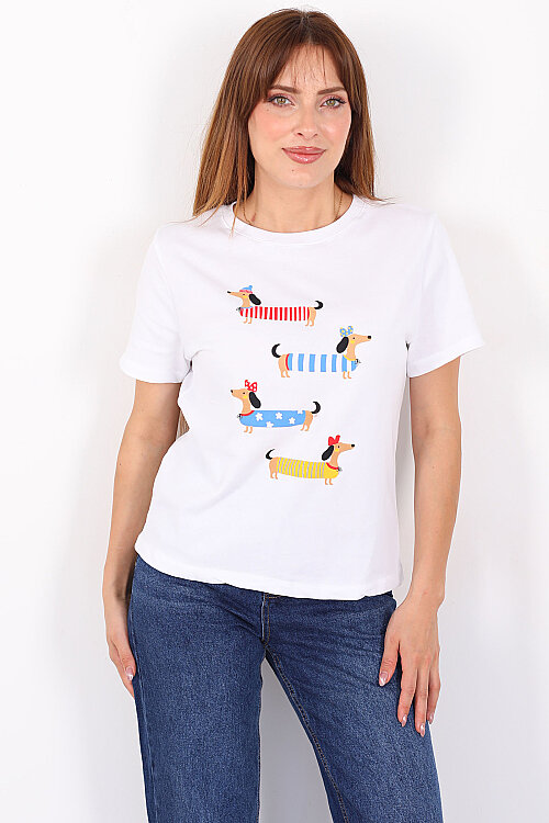 Sosis Köpek Baskılı Beyaz Kadın T-Shirt - 5