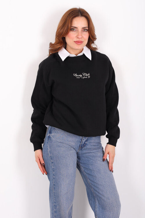 Sporty Club Baskılı Siyah Kadın Üç İp Sweatshirt - 6