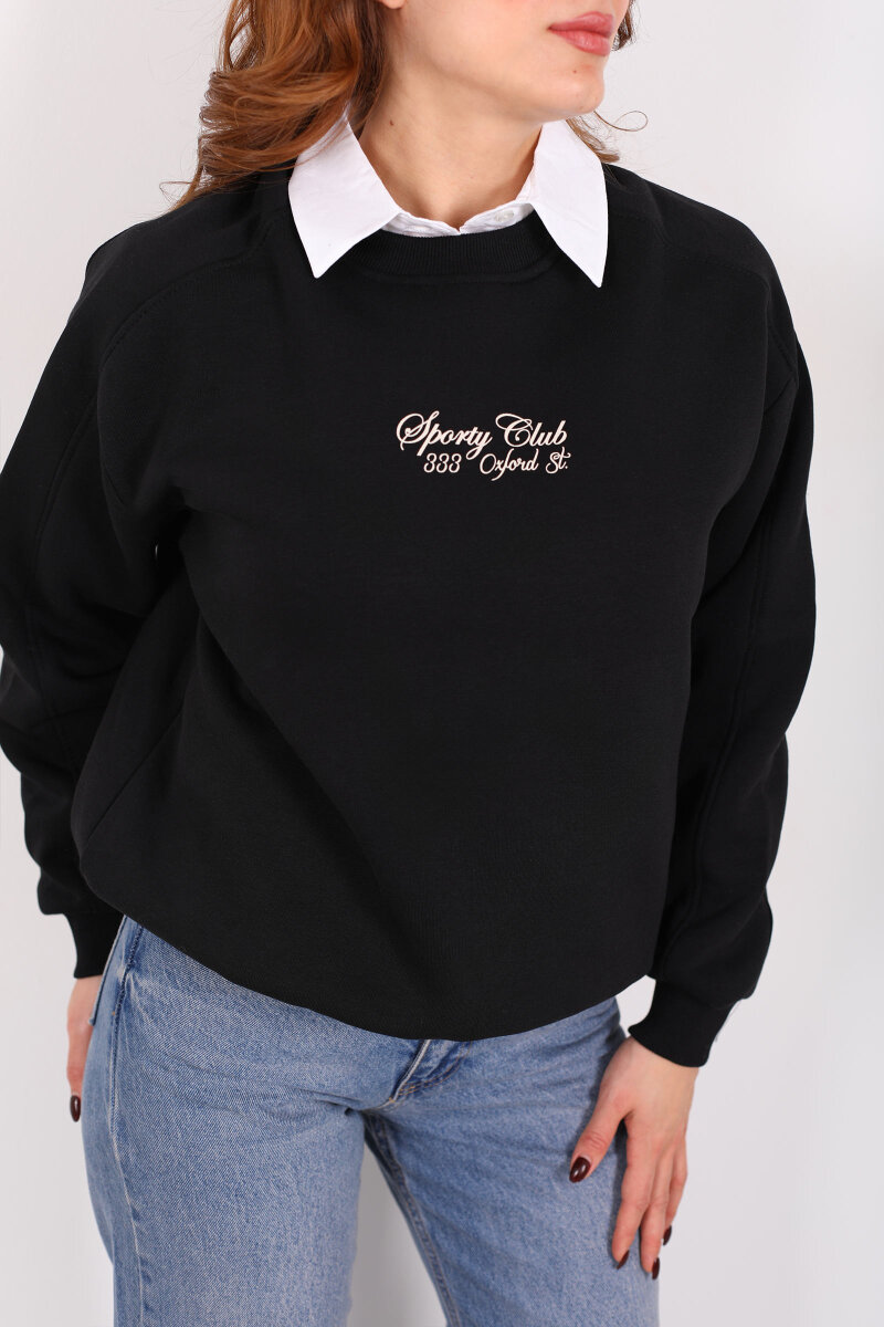 Sporty Club Baskılı Siyah Kadın Üç İp Sweatshirt - 2