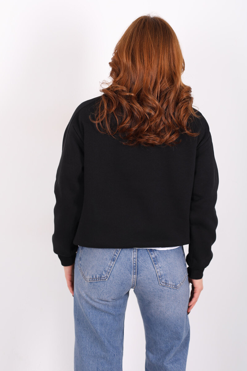 Sporty Club Baskılı Siyah Kadın Üç İp Sweatshirt - 5